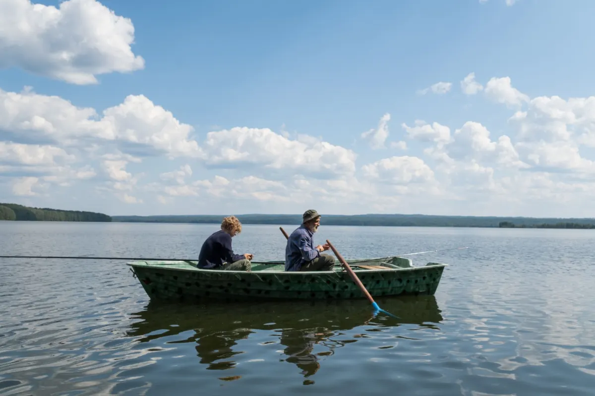 Grandfather and grandson sitting in a small green rowing boat with fishing rods on a calm lake under a blue sky
