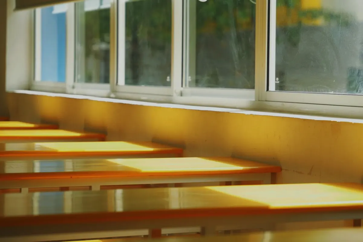 Afternoon sun falls across a row of empty orange desks beside classroom windows